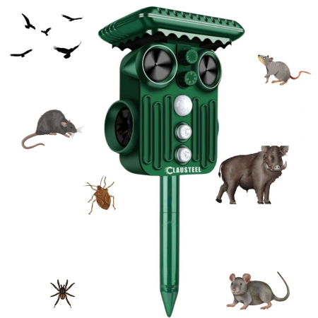 INSECTICIDE SI CAPCANE - Aparat profesional cu ultrasunete si panou solar CLAUSTEEL 4in1, lumini stroboscopice, vibratii subterane, senzor de miscare, anti rozatoare, anti sobolani, dihori, pasari, reptile, caini, ani