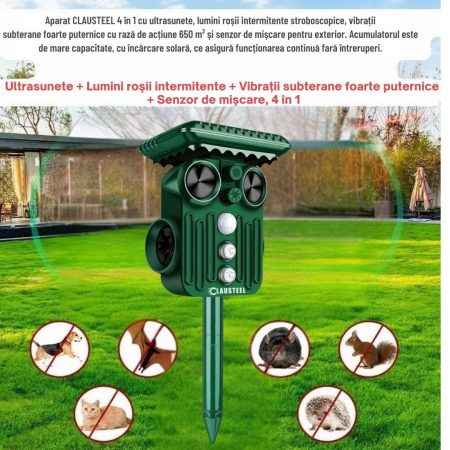 Aparat profesional cu ultrasunete si panou solar CLAUSTEEL 4in1, lumini stroboscopice, vibratii subterane, senzor de miscare, anti rozatoare, anti sobolani, dihori, pasari, reptile, caini, ani [1]