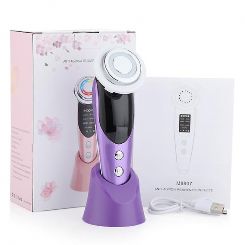 Aparat Profesional pentru masaj si tratament facial, Intinerirea pielii 7 in 1, Stimulare EMS, Lifting facial, Eliminare Acnee, Terapie cu fotoni de lumina, Anti rid, Mov [7]