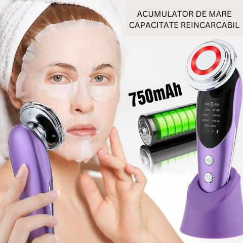 Aparat Profesional pentru masaj si tratament facial, Intinerirea pielii 7 in 1, Stimulare EMS, Lifting facial, Eliminare Acnee, Terapie cu fotoni de lumina, Anti rid, Mov [3]