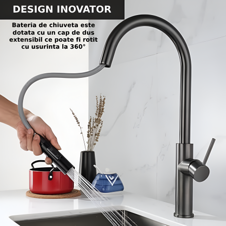 Baterie profesionala CLAUSTEEL pentru chiuveta bucatarie, Senzor de pornire la atingere (touch control), Rotire 360°, Dus extractabil si pipa flexibila, 2 functii de curgere a apei, Design modern, KIT [6]