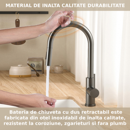 Baterie profesionala CLAUSTEEL pentru chiuveta bucatarie, Senzor de pornire la atingere (touch control), Rotire 360°, Dus extractabil si pipa flexibila, 2 functii de curgere a apei, Design modern, KIT [5]