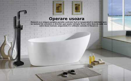 Baterie profesionala tip Freestanding CLAUSTEEL, Montaj pe podea, Tip cascada, Dus de mana, Dubla Comanda, Design unicat, Culoare negru mat [4]