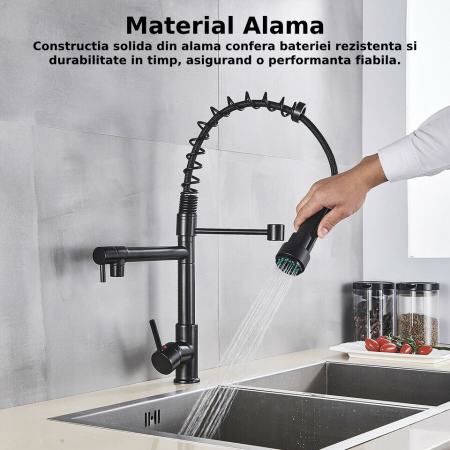 Baterie Sanitara Profesionala CLAUSTEEL pentru Bucatarie, Dubla comanda, Dus Flexibil, Robinet rotatativ 360 de Grade, Pipa Suplimentara, Alama, Kit complet de instalare inclus, Negru [5]