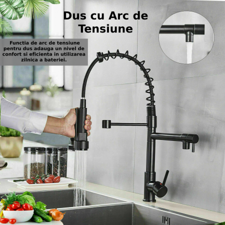 Baterie Sanitara Profesionala CLAUSTEEL pentru Bucatarie, Dubla comanda, Dus Flexibil, Robinet rotatativ 360 de Grade, Pipa Suplimentara, Alama, Kit complet de instalare inclus, Negru [2]