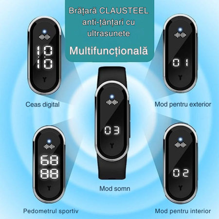 Bratara anti-tantari cu Ultrasunete si Ceas Digital CLAUSTEEL, Masoara Temperatura corporala si Numarul de pasi, Model Ultimate, Anti-insecte, Incarcare USB, Rezistenta la apa, Unisex, negru [6]