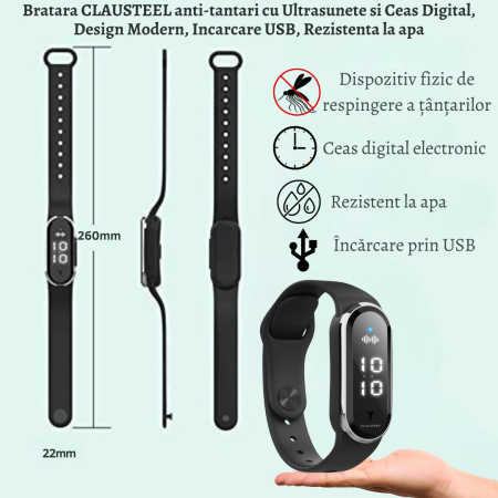 Bratara anti-tantari cu Ultrasunete si Ceas Digital, Design Modern, Anti-insecte, Incarcare USB, Rezistenta la apa, Unisex, negru [2]
