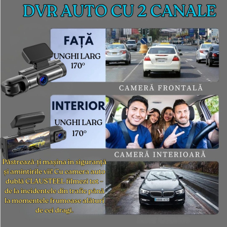 Camera Auto De Bord 2in1 Dual CLAUSTEEL DVR Camera High PRO Ultra HD 1440P, Wireless, 2 Lentile Fata-Interior, Unghi Ultra-Larg De 170°, Display 3.16", Night Vision HD, Inregistrare Dubla, Loop Record [4]