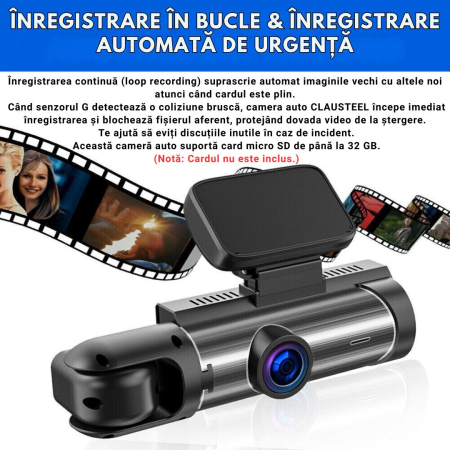 Camera Auto De Bord 2in1 Dual CLAUSTEEL DVR Camera High PRO Ultra HD 1440P, Wireless, 2 Lentile Fata-Interior, Unghi Ultra-Larg De 170°, Display 3.16", Night Vision HD, Inregistrare Dubla, Loop Record [8]