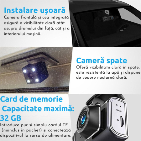 Camera Auto De Bord Tripla CLAUSTEEL DVR Camera High PRO Full HD 1080P, 3 Lentile Fata-Interior-Spate, Unghi Ultra-Larg De 170°, Display 2", Night Vision HD, Inregistrare Dubla, Loop Recording, G-sens [6]