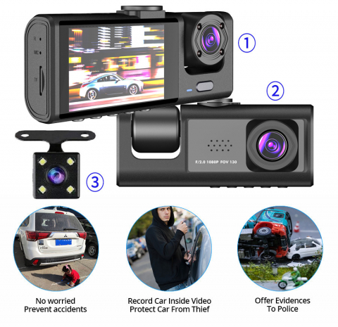 Camera Auto De Bord Tripla CLAUSTEEL DVR Camera High PRO Full HD 1080P, 3 Lentile Fata-Interior-Spate, Unghi Ultra-Larg De 170°, Display 2", Night Vision HD, Inregistrare Dubla, Loop Recording, G-sens [6]