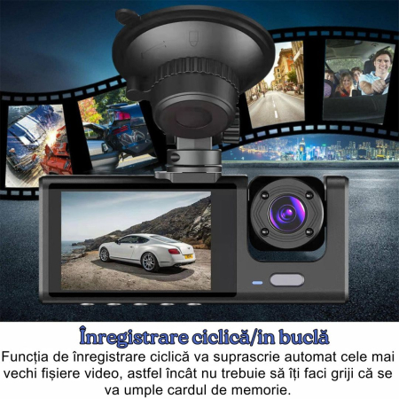Camera Auto De Bord Tripla CLAUSTEEL DVR Camera High PRO Full HD 1080P, 3 Lentile Fata-Interior-Spate, Unghi Ultra-Larg De 170°, Display 2", Night Vision HD, Inregistrare Dubla, Loop Recording, G-sens [9]