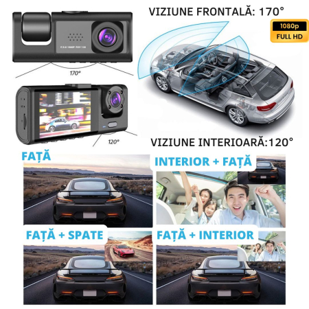 Camera Auto De Bord Tripla CLAUSTEEL DVR Camera High PRO Full HD 1080P, 3 Lentile Fata-Interior-Spate, Unghi Ultra-Larg De 170°, Display 2", Night Vision HD, Inregistrare Dubla, Loop Recording, G-sens [8]