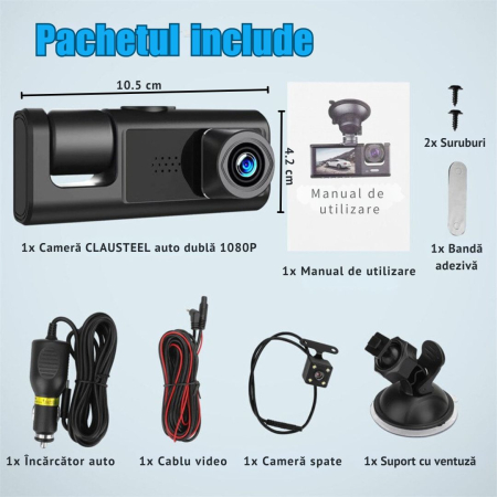 Camera Auto De Bord Tripla CLAUSTEEL DVR Camera High PRO Full HD 1080P, 3 Lentile Fata-Interior-Spate, Unghi Ultra-Larg De 170°, Display 2", Night Vision HD, Inregistrare Dubla, Loop Recording, G-sens [12]