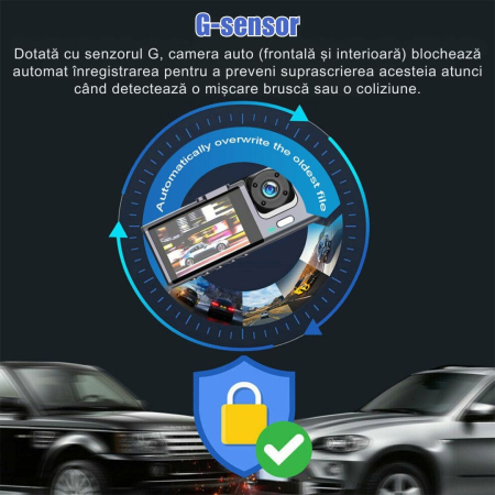 Camera Auto De Bord Tripla CLAUSTEEL DVR Camera High PRO Full HD 1080P, 3 Lentile Fata-Interior-Spate, Unghi Ultra-Larg De 170°, Display 2", Night Vision HD, Inregistrare Dubla, Loop Recording, G-sens [5]