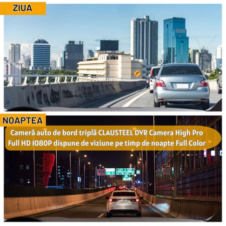 Camera Auto De Bord Tripla CLAUSTEEL DVR Camera High PRO Full HD 1080P, 3 Lentile Fata-Interior-Spate, Unghi Ultra-Larg De 170°, Display 2", Night Vision HD, Inregistrare Dubla, Loop Recording, G-sens [3]