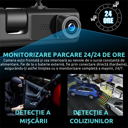 Camera Auto De Bord Tripla CLAUSTEEL DVR Camera High PRO Full HD 1080P, 3 Lentile Fata-Interior-Spate, Unghi Ultra-Larg De 170°, Display 2", Night Vision HD, Inregistrare Dubla, Loop Recording, G-sens [4]