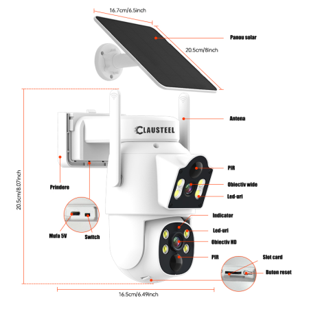 Camera De Supraveghere 2IN1, CLAUSTEEL®, Camera De Supraveghere 6MP, Exterior/Interior, WiFi, 2 Lentile, Rotire Automata 360°, 2 Senzori Miscare, Panou Solar, Acumulator 7500mAh, Night Vision Color, A [8]