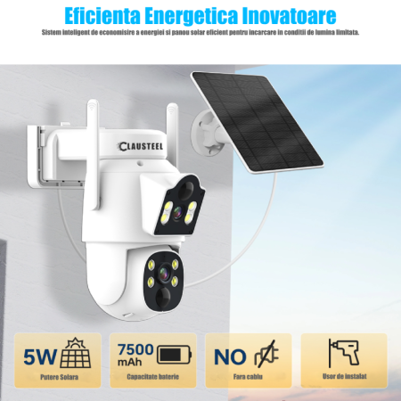 Camera De Supraveghere 2IN1, CLAUSTEEL®, Camera De Supraveghere 6MP, Exterior/Interior, WiFi, 2 Lentile, Rotire Automata 360°, 2 Senzori Miscare, Panou Solar, Acumulator 7500mAh, Night Vision Color, A [7]