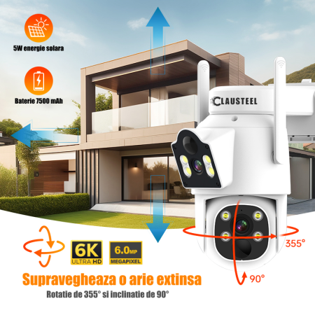 Camera De Supraveghere 2IN1, CLAUSTEEL®, Camera De Supraveghere 6MP, Exterior/Interior, WiFi, 2 Lentile, Rotire Automata 360°, 2 Senzori Miscare, Panou Solar, Acumulator 7500mAh, Night Vision Color, A [6]