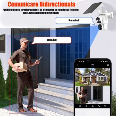 Camera De Supraveghere 2IN1, CLAUSTEEL®, Camera De Supraveghere 6MP, Exterior/Interior, WiFi, 2 Lentile, Rotire Automata 360°, 2 Senzori Miscare, Panou Solar, Acumulator 7500mAh, Night Vision Color, A [5]