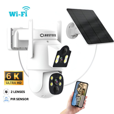 CAMERE DE SUPRAVEGHERE - Camera De Supraveghere 2IN1, CLAUSTEEL®, Camera De Supraveghere 6MP, Exterior/Interior, WiFi, 2 Lentile, Rotire Automata 360°, 2 Senzori Miscare, Panou Solar, Acumulator 7500mAh, Night Vision Color, A