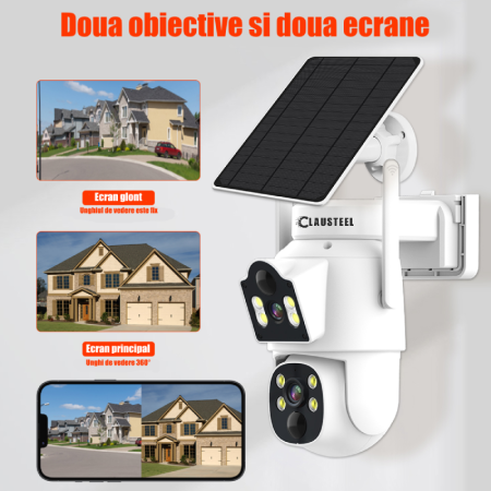 Camera De Supraveghere 2IN1, CLAUSTEEL®, Camera De Supraveghere 6MP, Exterior/Interior, WiFi, 2 Lentile, Rotire Automata 360°, 2 Senzori Miscare, Panou Solar, Acumulator 7500mAh, Night Vision Color, A [2]