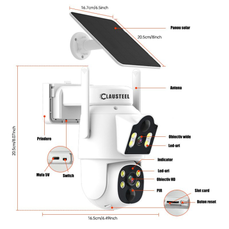 Camera De Supraveghere 2IN1, CLAUSTEEL®, Camera De Supraveghere 6MP, Exterior/Interior, WiFi, 2 Lentile, Rotire Automata 360°, Senzor Miscare, Panou Solar, Acumulator 7500mAh, Night Vision Color, A [10]