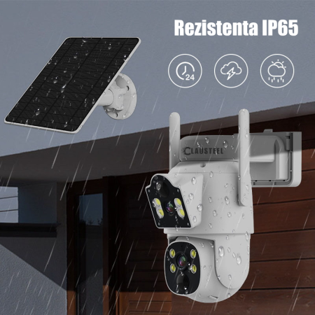 Camera De Supraveghere 2IN1, CLAUSTEEL®, Camera De Supraveghere 6MP, Exterior/Interior, WiFi, 2 Lentile, Rotire Automata 360°, 2 Senzori Miscare, Panou Solar, Acumulator 7500mAh, Night Vision Color, A [9]