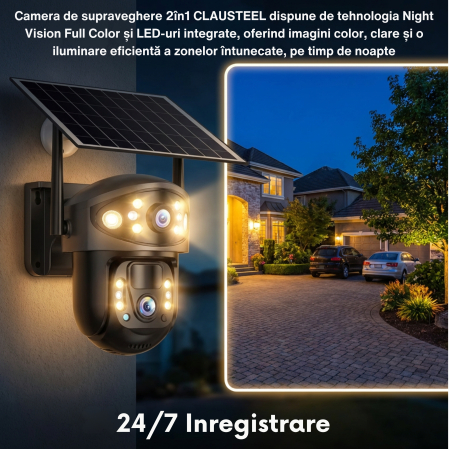 Camera de supraveghere CLAUSTEEL 2in1 cu panou solar, conexiune SIM 4G, 6MP, 8W, acumulator de 8000 mAh, Rotire automata, urmarire inteligenta, Night Vision color, Slot Card MicroSD, Microfon, Alim [5]