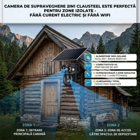 Camera de supraveghere CLAUSTEEL 2in1 cu panou solar, conexiune SIM 4G, 6MP, 8W, acumulator de 8000 mAh, Rotire automata, urmarire inteligenta, Night Vision color, Slot Card MicroSD, Microfon, Alim [2]