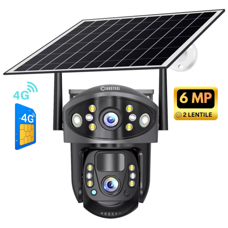 CAMERE DE SUPRAVEGHERE CU PANOU SOLAR - SIM 4G - Camera de supraveghere CLAUSTEEL 2in1 cu panou solar, conexiune SIM 4G, 6MP, 8W, acumulator de 8000 mAh, Rotire automata, urmarire inteligenta, Night Vision color, Slot Card MicroSD, Microfon, Alim