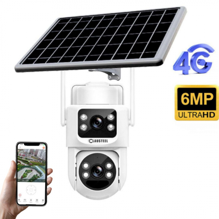 CAMERE DE SUPRAVEGHERE CU PANOU SOLAR - SIM 4G - Camera de supraveghere CLAUSTEEL 2in1 cu panou solar, conexiune SIM 4G, 6MP ULTRA HD, acumulator de 8000 mAh, Rotire automata, urmarire inteligenta, Night Vision color, Slot Card MicroSD, Vedere dubla