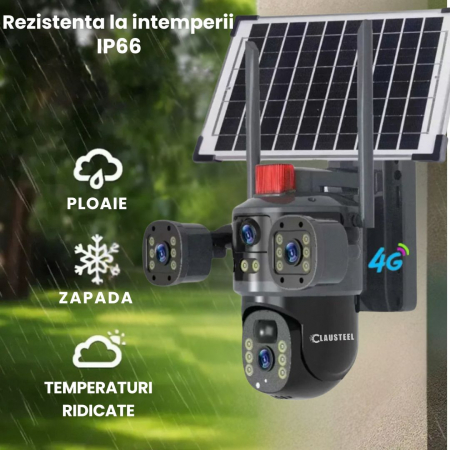 Camera de supraveghere CLAUSTEEL 2in1 cu panou solar, Vedere tripla, conexiune SIM 4G, 6MP, acumulator de 10.800 mAh, Rotire automata, urmarire inteligenta, Night Vision color, lumini nocturne, Zoom x [8]