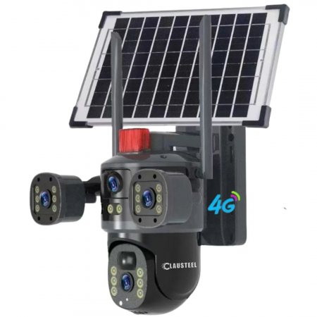 CAMERE DE SUPRAVEGHERE CU PANOU SOLAR - SIM 4G - Camera de supraveghere CLAUSTEEL 2in1 cu panou solar, Vedere tripla, conexiune SIM 4G, 6MP, acumulator de 10.800 mAh, Rotire automata, urmarire inteligenta, Night Vision color, lumini nocturne, Zoom x