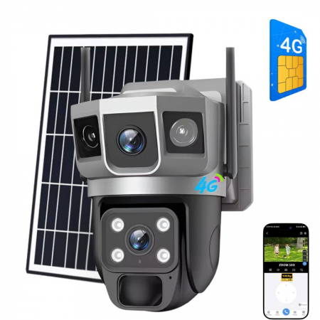 CAMERE DE SUPRAVEGHERE CU PANOU SOLAR - SIM 4G - Camera de supraveghere CLAUSTEEL 2in1 cu vedere tripla, Panou Solar Inclus, 4MP, Portabila, Acumulator incorporat 8000mAh, Rotire automata, Micro SD, Cartela SIM, Conexiune 4G, Supravegheaza trei zone