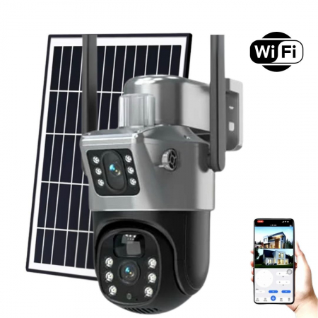 CAMERE DE SUPRAVEGHERE CU PANOU SOLAR WIRELESS - Camera de supraveghere CLAUSTEEL 2IN1 M146 cu Vedere Dubla, Conexiune Wireless, Panou Solar Monocristalin, Acumulator 10800 mAh, 6K, 6 Megapixeli, Night Vision Color, Portabila, Rotire Automata, Intel