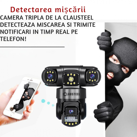 Camera de supraveghere CLAUSTEEL 3in1, 6MP FullHD, Wireless, Portabila, Rotire automata, urmarire inteligenta, Night Vision, lumini nocturne, Slot MicroSD, IP66, Vedere tripla, Negru [3]