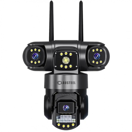 Camera de supraveghere CLAUSTEEL 3in1, 6MP FullHD, Wireless, Portabila, Rotire automata, urmarire inteligenta, Night Vision, lumini nocturne, Slot MicroSD, IP66, Vedere tripla, Negru [10]