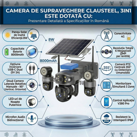 Camera supraveghere CLAUSTEEL 3in1 4G cu panou solar 8W, 3 lentile, 6MP, baterie 8000 mAh, senzor PIR, vedere nocturna color, audio, slot MicroSD, monitorizare 3 zone, alimentare dubla [8]