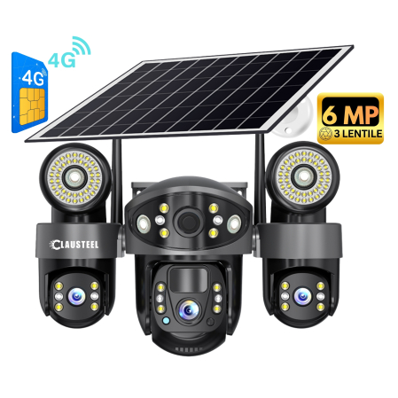 CAMERE DE SUPRAVEGHERE - Camera supraveghere CLAUSTEEL 3in1 4G cu panou solar 8W, 3 lentile, 6MP, baterie 8000 mAh, senzor PIR, vedere nocturna color, audio, slot MicroSD, monitorizare 3 zone, alimentare dubla