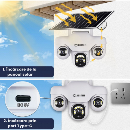 Camera de supraveghere CLAUSTEEL 3in1 cu panou solar, conexiune cu SIM 4G, 6 MP Full HD, 8000 mAh, panou solar de 8W, 3 lentile PTZ, senzor PIR, viziune nocturna color, slot MicroSD, microfon, aliment [8]