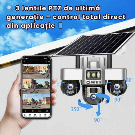 Camera de supraveghere CLAUSTEEL 3in1 cu panou solar, conexiune cu SIM 4G, 6 MP Full HD, 8000 mAh, panou solar de 8W, 3 lentile PTZ, senzor PIR, viziune nocturna color, slot MicroSD, microfon, aliment [3]