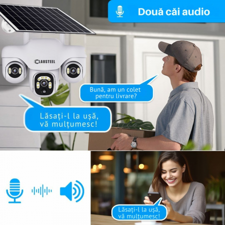 Camera de supraveghere CLAUSTEEL 3in1 cu panou solar, conexiune cu SIM 4G, 6 MP Full HD, 8000 mAh, panou solar de 8W, 3 lentile PTZ, senzor PIR, viziune nocturna color, slot MicroSD, microfon, aliment [10]