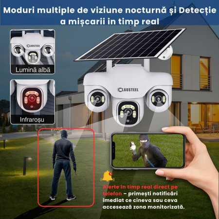 Camera de supraveghere CLAUSTEEL 3in1 cu panou solar, conexiune cu SIM 4G, 6 MP Full HD, 8000 mAh, panou solar de 8W, 3 lentile PTZ, senzor PIR, viziune nocturna color, slot MicroSD, microfon, aliment [6]