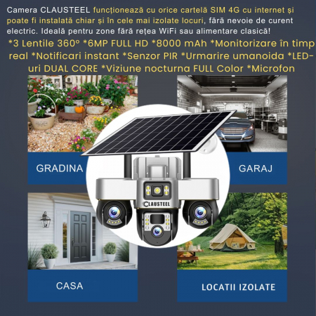 Camera de supraveghere CLAUSTEEL 3in1 cu panou solar, conexiune cu SIM 4G, 6 MP Full HD, 8000 mAh, panou solar de 8W, 3 lentile PTZ, senzor PIR, viziune nocturna color, slot MicroSD, microfon, aliment [13]