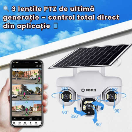 Camera de supraveghere CLAUSTEEL 3in1 cu panou solar, conexiune cu SIM 4G, 6 MP Full HD, 8000 mAh, panou solar de 8W, 3 lentile PTZ, senzor PIR, viziune nocturna color, slot MicroSD, microfon, aliment [3]