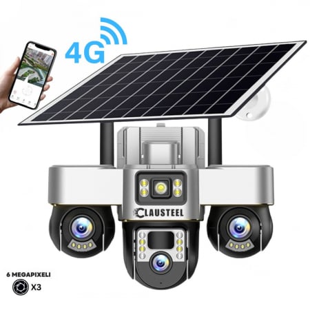 CAMERE DE SUPRAVEGHERE CU PANOU SOLAR - SIM 4G - Camera de supraveghere CLAUSTEEL 3in1 cu panou solar, conexiune cu SIM 4G, 6 MP Full HD, 8000 mAh, panou solar de 8W, 3 lentile PTZ, senzor PIR, viziune nocturna color, slot MicroSD, microfon, aliment