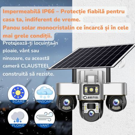 Camera de supraveghere CLAUSTEEL 3in1 cu panou solar, conexiune cu SIM 4G, 6 MP Full HD, 8000 mAh, panou solar de 8W, 3 lentile PTZ, senzor PIR, viziune nocturna color, slot MicroSD, microfon, aliment [10]