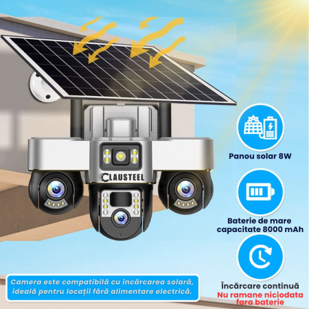 Camera de supraveghere CLAUSTEEL 3in1 cu panou solar, conexiune cu SIM 4G, 6 MP Full HD, 8000 mAh, panou solar de 8W, 3 lentile PTZ, senzor PIR, viziune nocturna color, slot MicroSD, microfon, aliment [5]